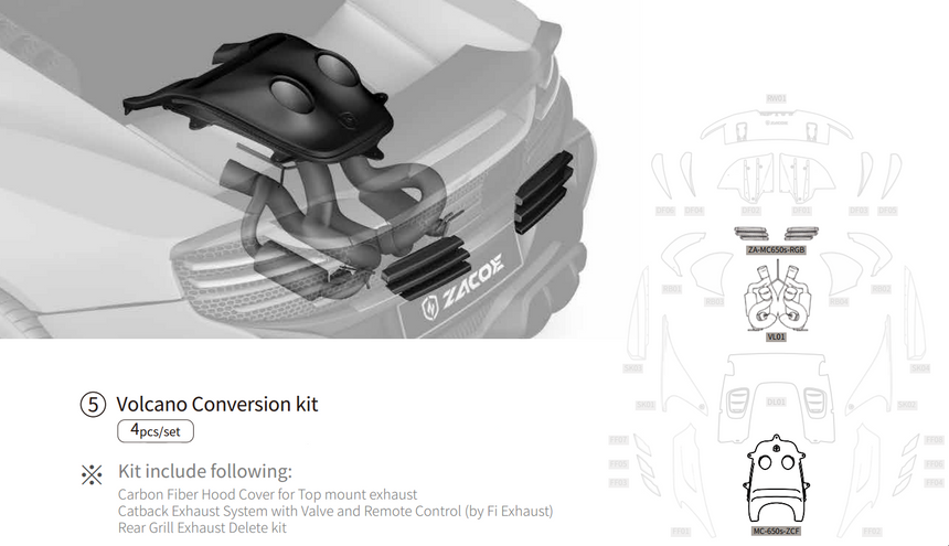 McLaren 650S Dry Carbon Fiber Fiber Volcano Conversion Kit Hood & Exhaust - Zacoe
