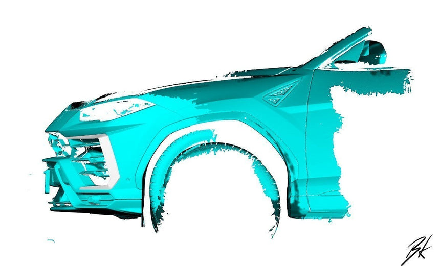 BodyKits Aerodynamics LLC carbon fiber front canards for 2018-2021 Lamborghini Urus shown on a digital car model