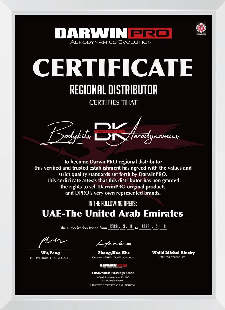 DarwinPRO Aerodynamics Evolution. Regional Distributor certificate for the United Arab Emirates issued to Bodykits Aerodynamics, signed by Wu Peng (BSD.Works President), Zhang Hao-Zhe (DarwinPRO Co-Founder), and Walid Michel Riachy (BK President).