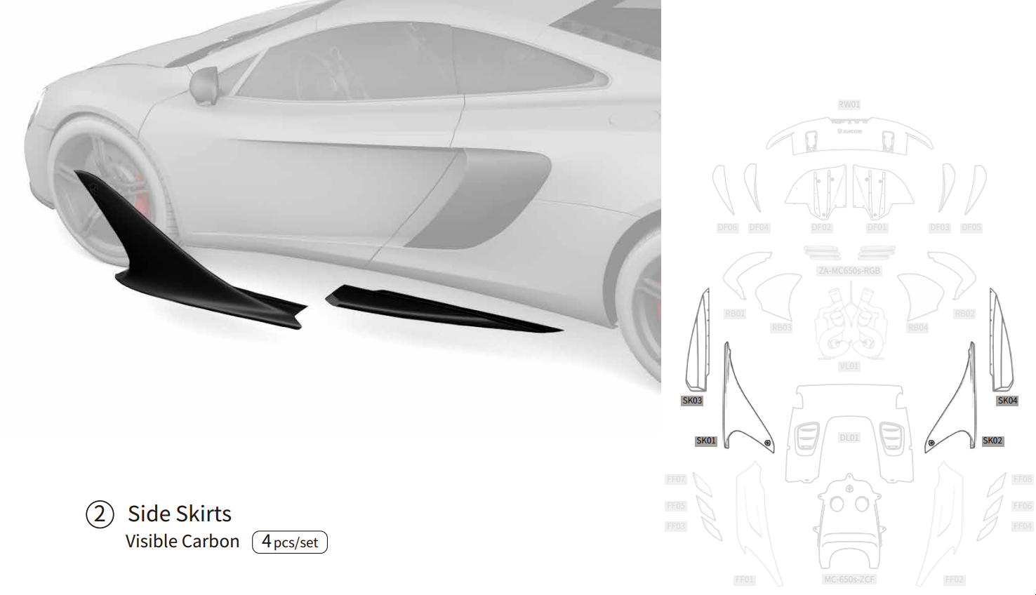 McLaren 650S Dry Carbon Fiber Fiber Side Skirts - Zacoe
