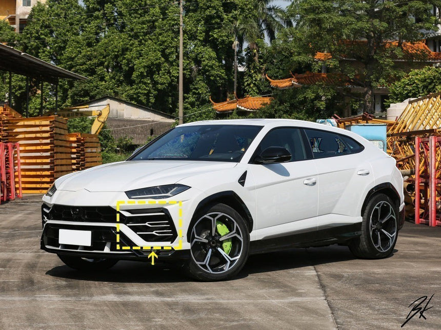 BodyKits Aerodynamics LLC carbon fiber front canards installed on a white 2018-2021 Lamborghini URUS SUV