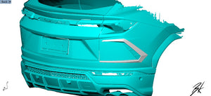 BodyKits Aerodynamics LLC dry carbon fiber rear canards for 2018-2021 Lamborghini Urus shown in 3D design software